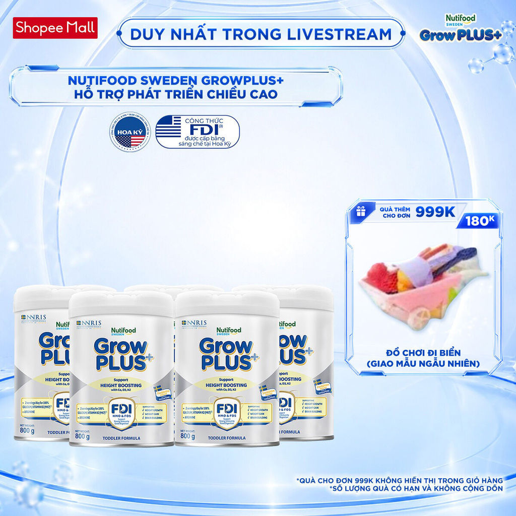 Combo 5 Sữa Bột Nutifood Sweden GrowPLUS+ Cao lớn vượt trội từ 1 - 2 tuổi (Bạc) 800g