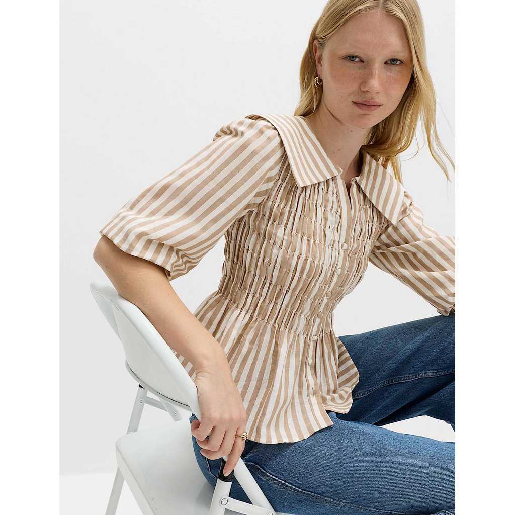 M&S - Women Tops - Linen Rich Patterned Shirred Blouse - IVORY MIX