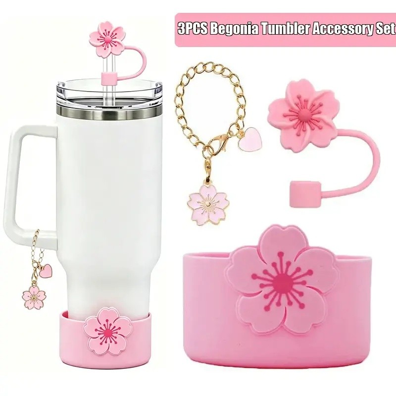 Bình Nước Silicone Boot & Tumbler Ống Hút Bao & Tumbler Charm Set, Begonia Hình Ống Hút Nắp Nắp Và C