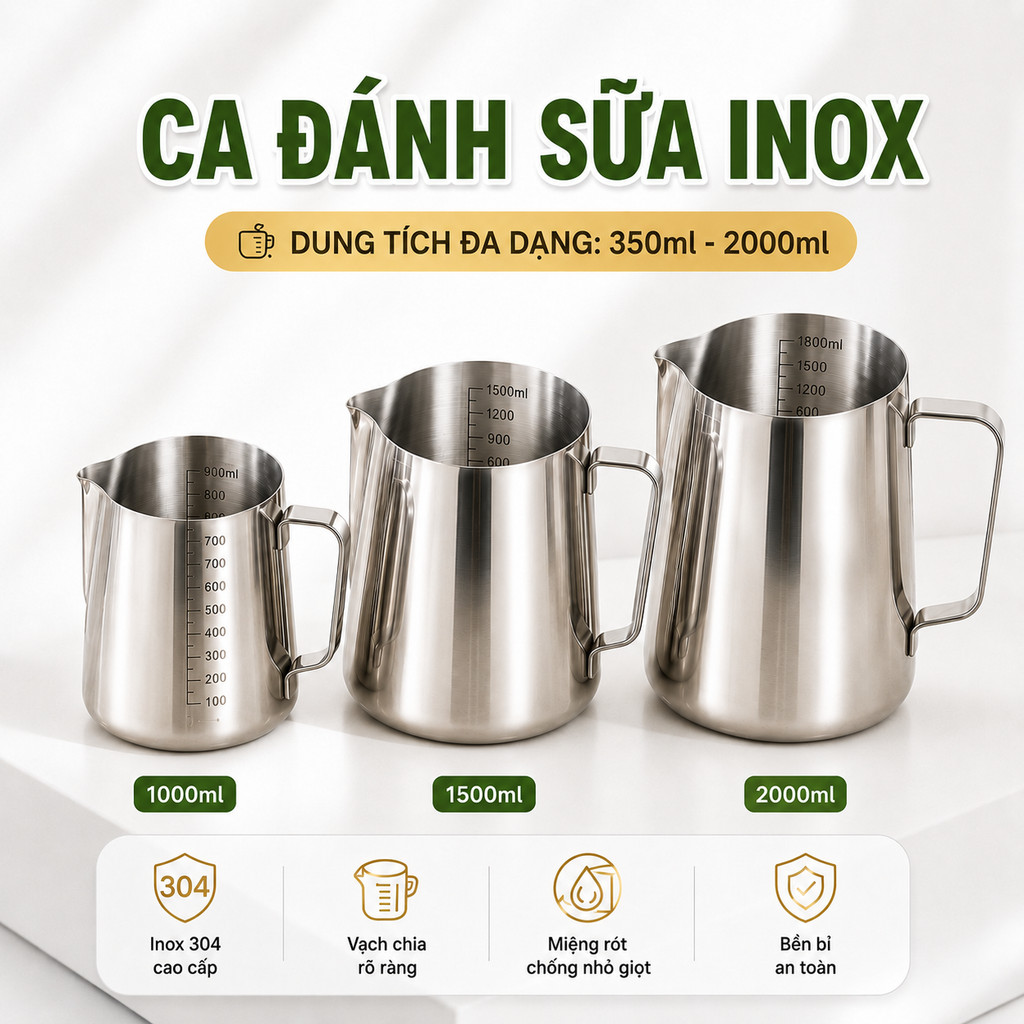 Ca Đánh Sữa Inox 304, Ca Tạo Bọt Sữa Có Vạch Chia Rõ Ràng, Dung Tích 350ml–2000ml