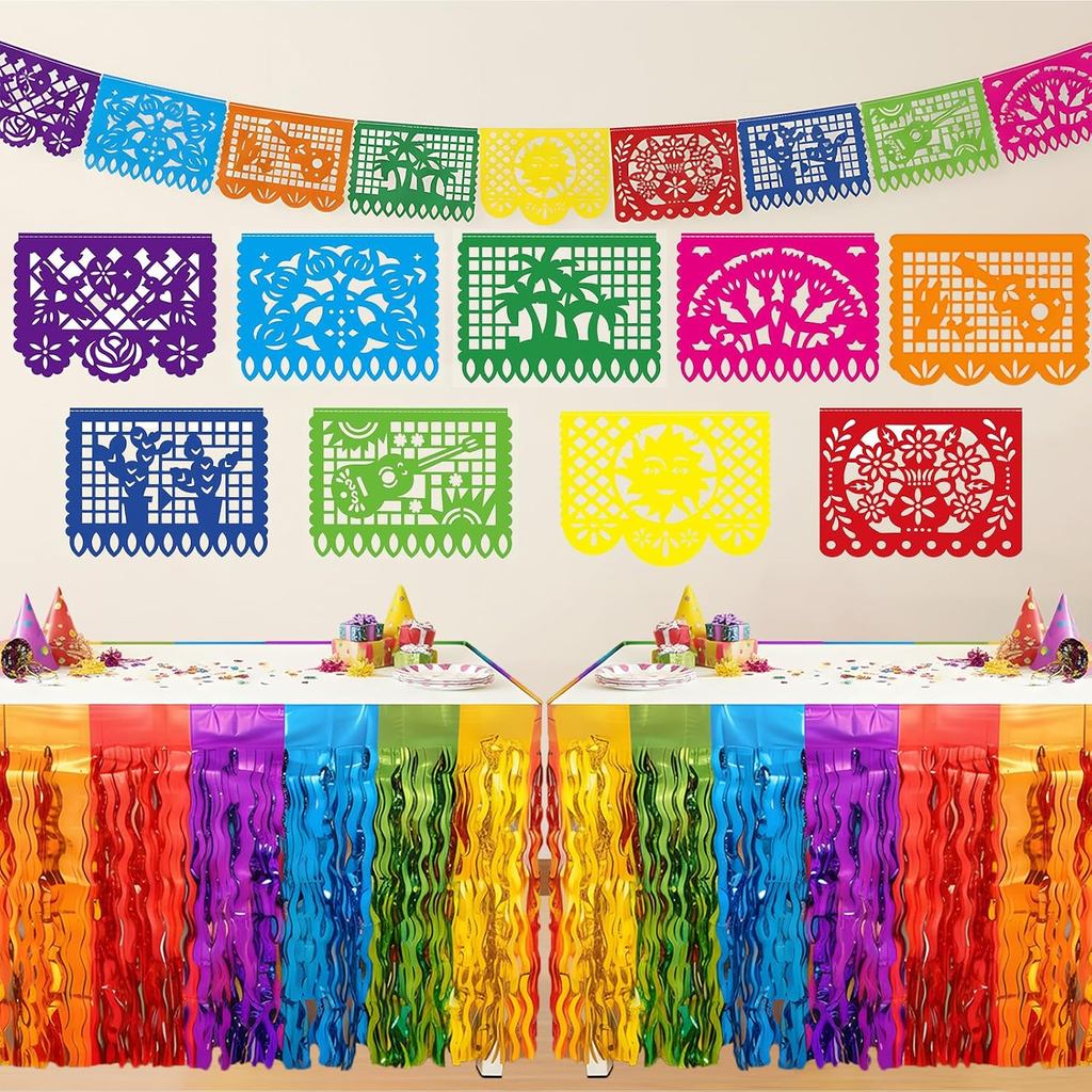 Bộ đồ trang trí 4 gói Cinco De Mayo, 36 FT Nhựa Mexico Papel Picado Banners & 2 gói Váy bàn gợn sóng