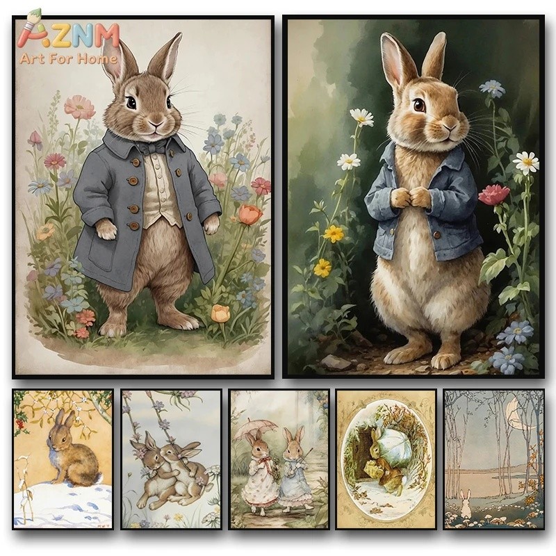 0EQB AZNM Peter Rabbit Canvas Wall Art, Vintage Peter Rabbit In Hoa, Unframed Chú Thỏ Dễ Thương Minh