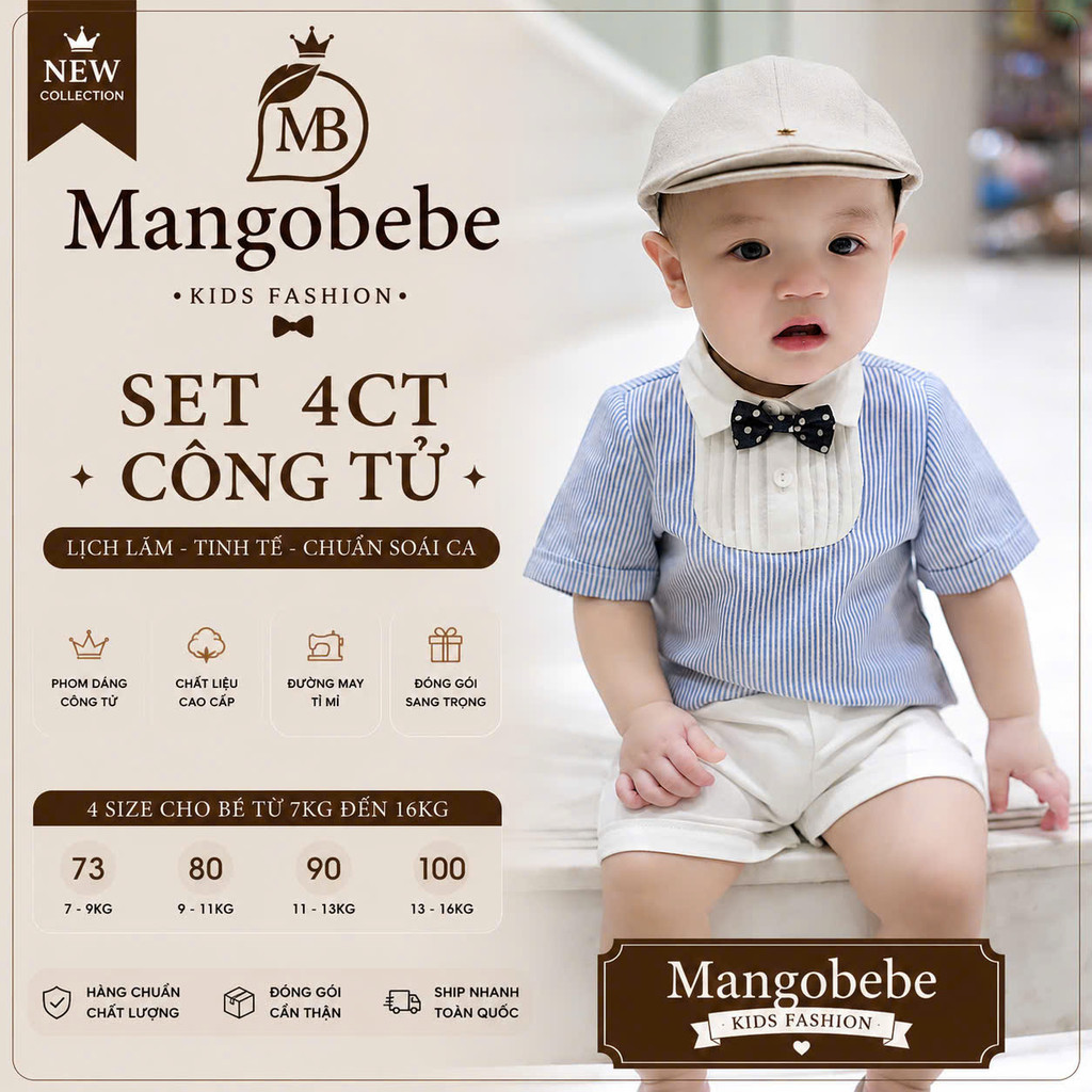 MANGOBEBE-Set sơ mi sọc xanh nơ bi công tử kẻ chất thô Hàn