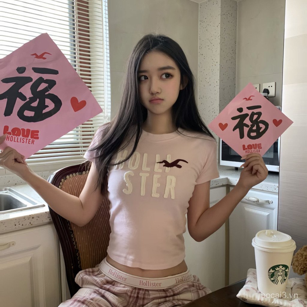 0LJN American Style HCO Little Seagull Classic Appliqué Embroidered Letter Slim-Fit Short-Sleeve Ame