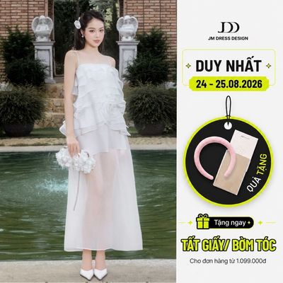 Đầm 2 dây dáng dài bèo xoắn hoa 1P12.2505OG. Đầm tiệc trắng dáng dài phong cách nàng thơ lãng mạn bởi JM Dress Design