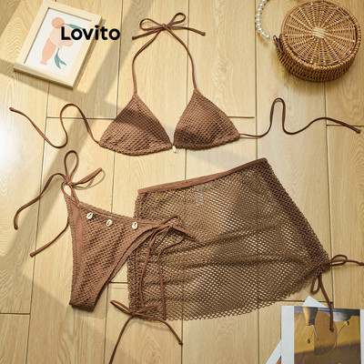 Bộ bikini Lovito Kỳ nghỉ màu trơn kết cấu tốt phong cách cho nữ LBL18863