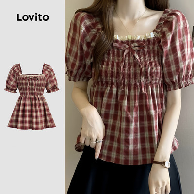Áo Lovito nhún thun lai bèo xếp nếp viền cổ mùa xuân/hè phong cách thường ngày cho nữ L178ED583