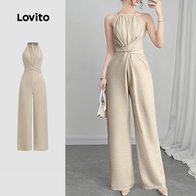 (thanh lịch) Lovito Comprehensive Jumpsuit Nơ Lưng Khóa Kéo Mùa Xuân/Hè Màu Vàng Cà Phê Cho Phụ Nữ LBL27380