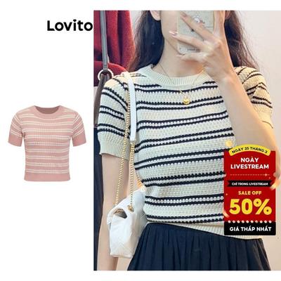 Lovito Áo dệt kim cổ tròn sọc mùa xuân hè thông thường dành cho nữ LNE13021