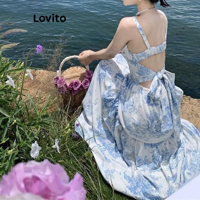 Lovito Kỳ nghỉ Váy Hoa nơ ren lưng cho nữ LNE67273