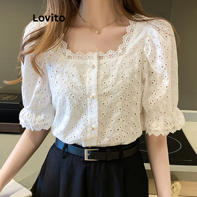 Lovito Áo kiểu thông thường Dây buộc trơn Thêu ngọc trai Khóa tương phản Áo ren cho nữ LNE16069 (Trắng)