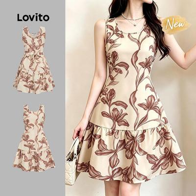 (New Arrival) Lovito Đầm Boho hở lưng thắt nơ lưng phong cách nghỉ dưỡng mùa Xuân/Hè màu kaki cho nữ L199ED101