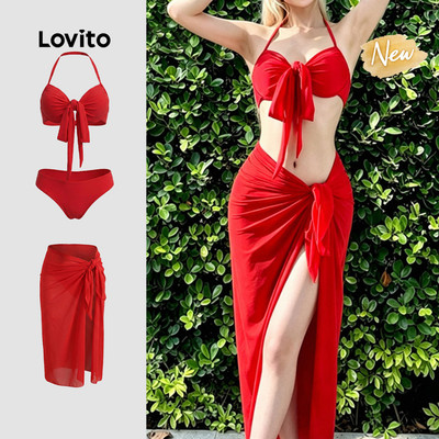 (New Arrival) Lovito  Bộ bikini Boho 3 chiếc 3 kết hợp nơ buộc lưng màu đỏ cho mùa xuân/hè LNE1481015