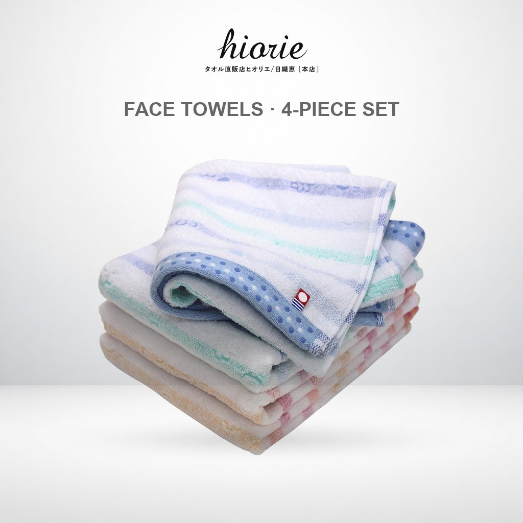 Imabari Certified Face Towel Set by hiorie - Border Jacquard Lyric (4 Pieces, Assorted Colors) - 100
