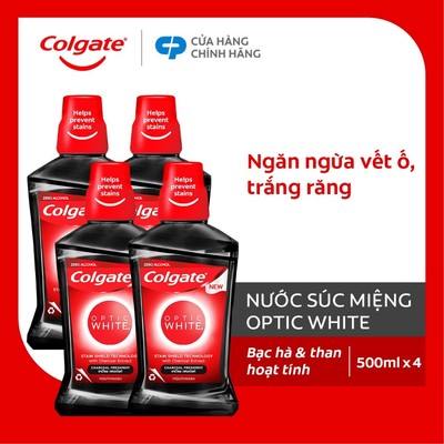 Bộ 4 Nước súc miệng Colgate trắng răng Optic White than hoạt tính bạc hà the mát 500ml/chai