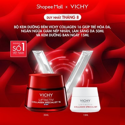 Bộ Kem dưỡng đêm Vichy Collagen 16 giúp trẻ hóa da, ngăn ngừa giảm nếp nhăn, làm sáng da 50ml + kem dưỡng ban ngày 15ml