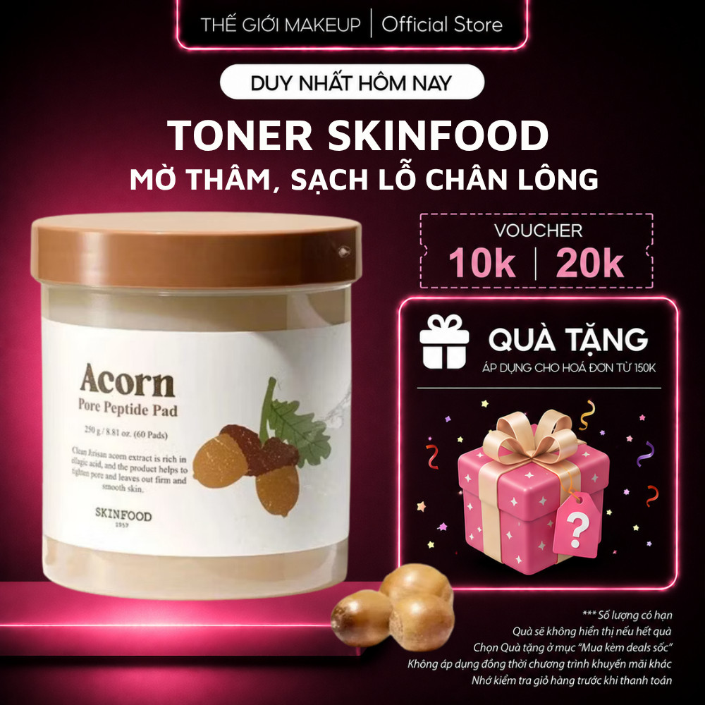 Toner Pad SKINFOOD Acorn Pore Peptide Pad 60 Miếng Se Khít Lỗ Chân Lông, Mờ Thâm - Thế Giới Makeup