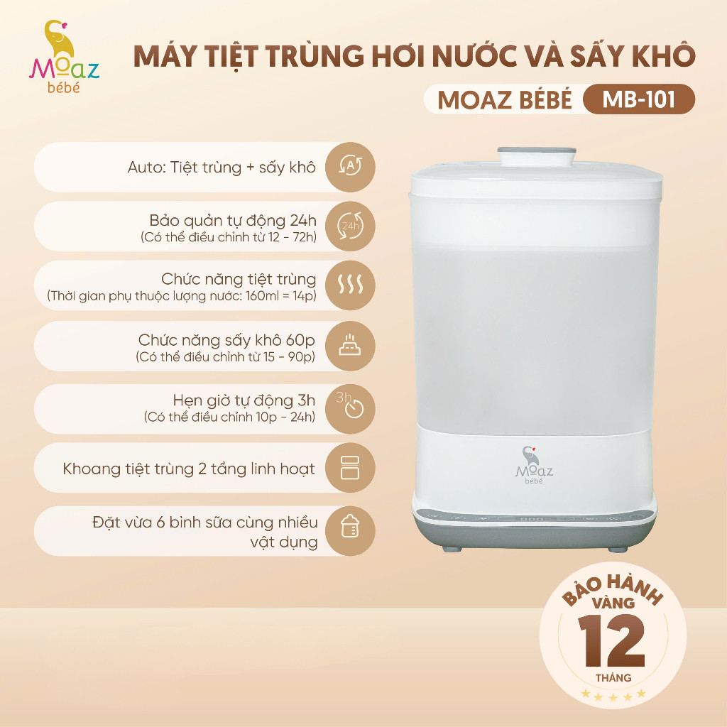 ✨ Máy tiệt trùng hơi nước và sấy khô bình sữa Moazbebe MB101 mb101 bảo hành chính hãng 12 tháng