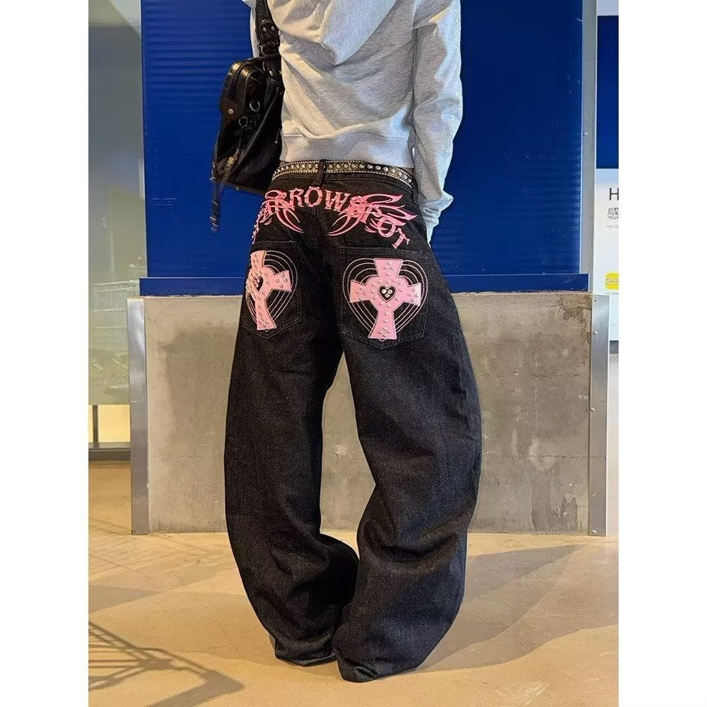 JADED LONDON Âu Mỹ Hợp Thời Trang Phong Cách Retro Cánh Đeo Chéo Nam Nữ Thẳng Ống Rộng Quần Jeans