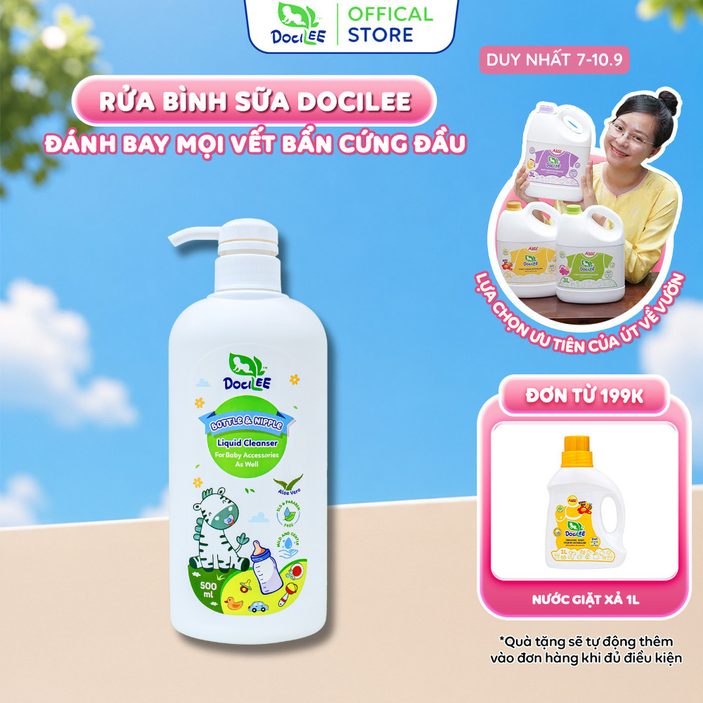 Nước Rửa Bình Sữa, Dụng Cụ, Đồ Chơi Cho Bé DOCILEE Làm Sạch Hiệu Quả, Không Paraben, An Toàn Cho Bé 