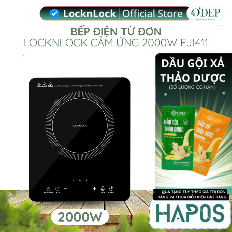 Bếp điện từ đơn LocknLock cảm ứng, 8 mức nhiệt, công suất cao 2000W nấu nhanh tiết kiệm điện EJI411 