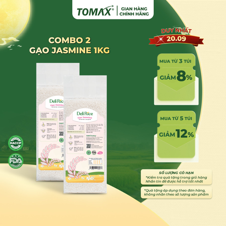 [ĐÃ VỀ HÀNG] Combo 2 Túi Gạo Jasmine Deli Rice 1kg Dẻo Mềm, Tơi Xốp, Ngọt Thơm Tự Nhiên - TOMAX
