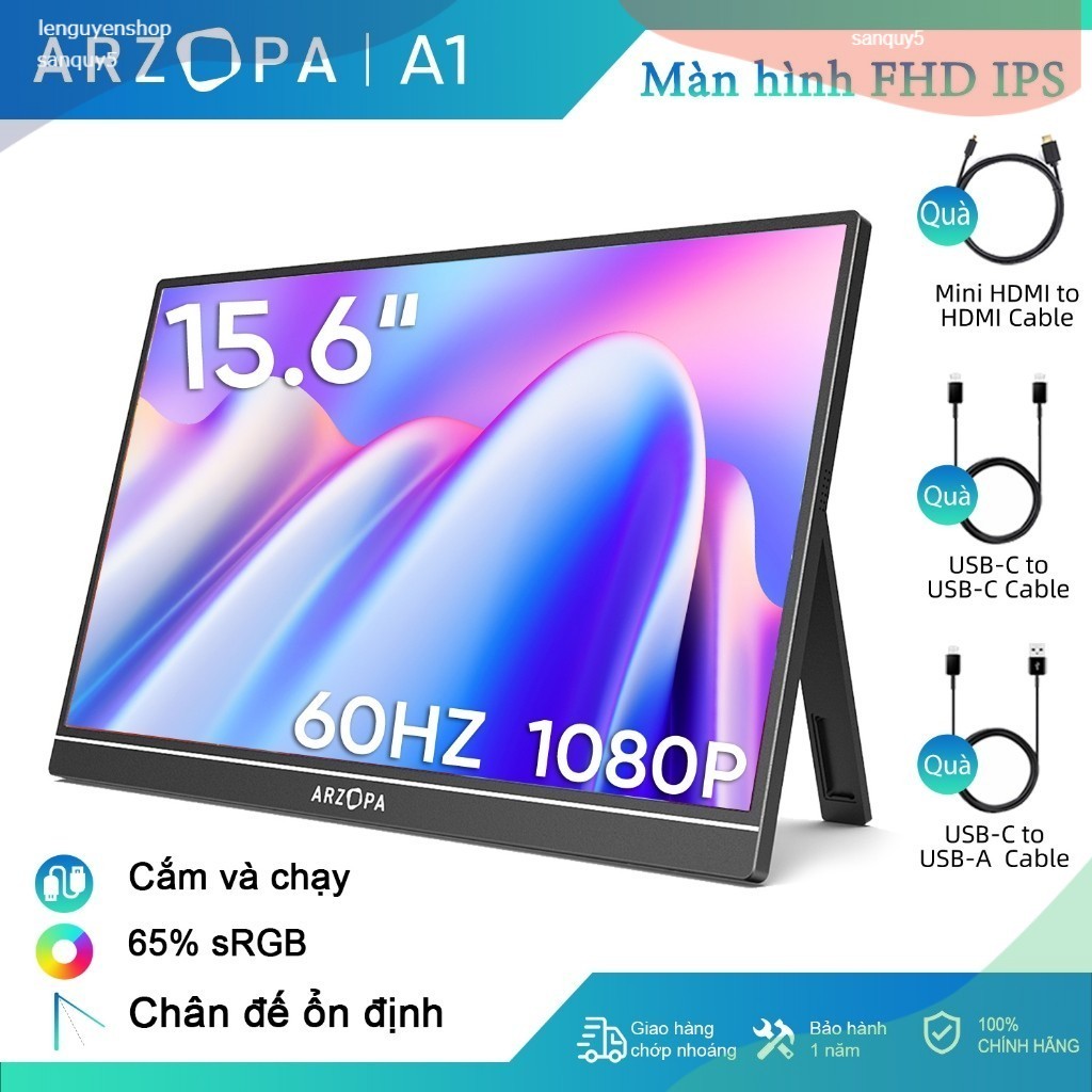 Màn hình di động ARZOPA A1- 15,6'' FHD 1080P - Màn hình máy tính xách tay siêu mỏng di động có chân 