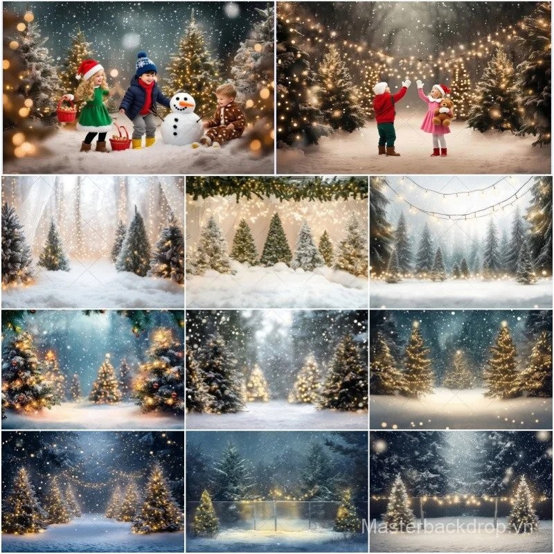 Mùa Đông Tuyết Giáng Sinh Phông Nền Tuyết Thông Rừng Đèn Thiên Nhiên Cảnh Người Lớn Cho Bé Chụp Ảnh 