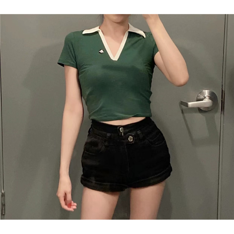 Hollister Mùa Hè Màu-Blocking Cổ Chữ V Áo Sơ Mi Polo Ngắn Tay Top Nữ Hot Girl Áo Thun Slim-Fit