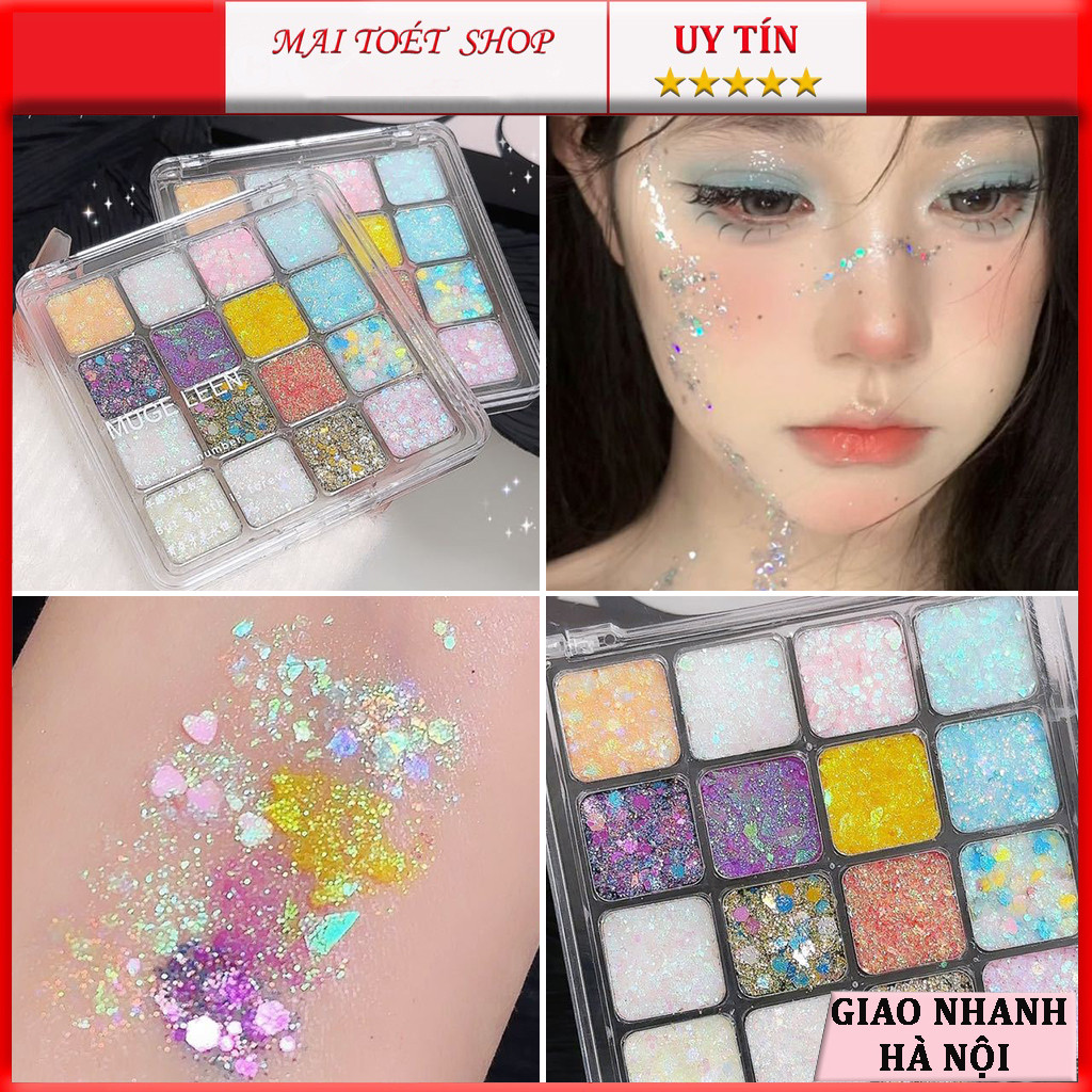 Bảng Phấn Mắt 16 ô Màu MUGE LEEN Nhũ Hạt To Trang Điểm Mắt Lấp Lánh Dạng Gel Kim Tuyến