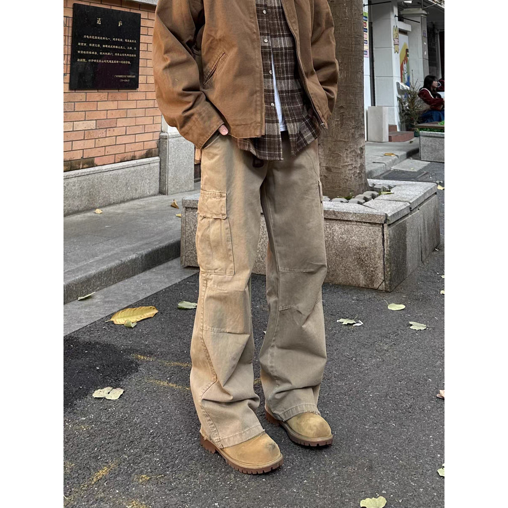 Mỹ High Street Retro vintage Túi Lớn Tổng Thể Quần Jean Nam Raw Edge Thiết Kế Rời Quần Thẳng