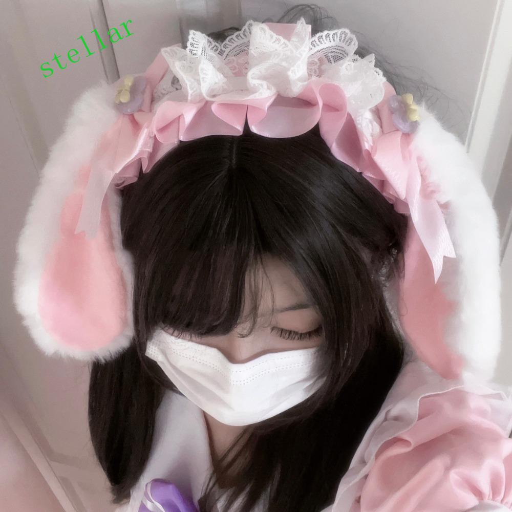 STELLARTECH Sang Trọng Bunny Hair Hoop, Nơ Ren Gothic Tai Thỏ Băng Đô, Ruffle Furry Ruy Băng Dễ Thươ