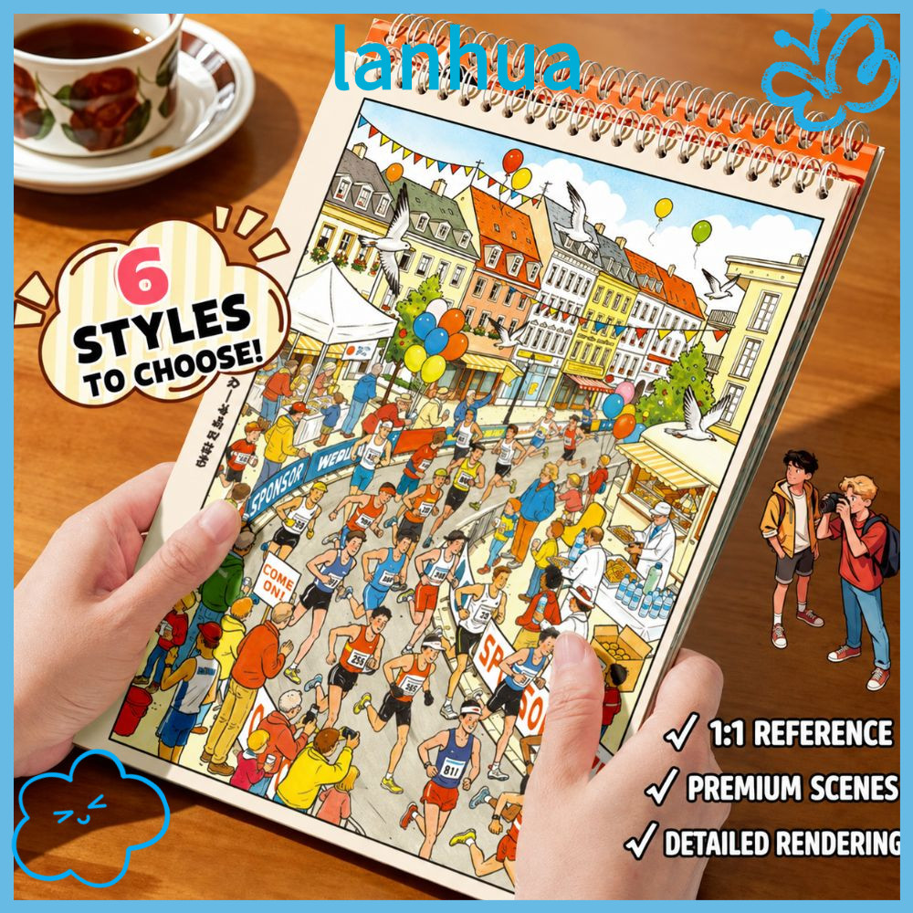 LANHUA Mini Scene Sticker, Die-cut PET Sticker Book, 6 kịch bản chính Minh họa tinh tế 12 tờ Bustlin
