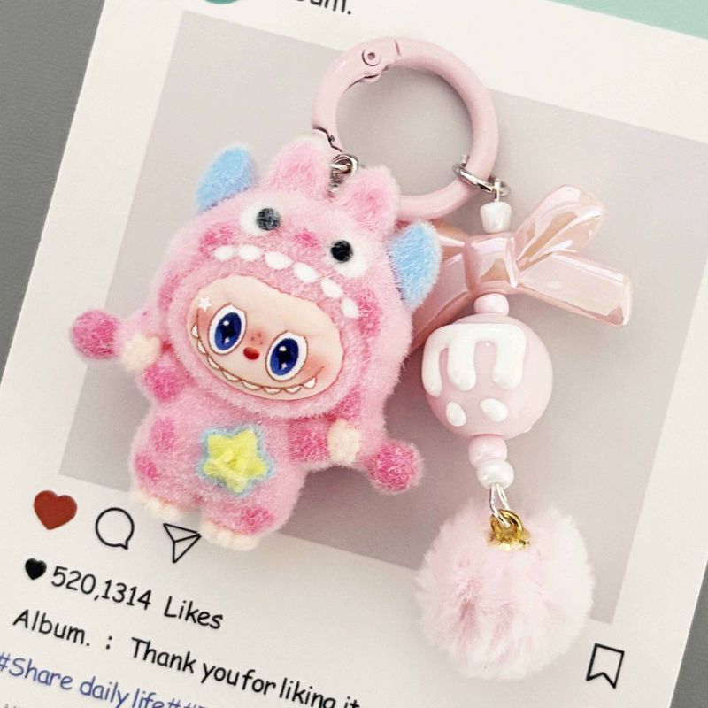New flocked polka dot monster Labubu bag pendant student doll keychain accessory keyring gift for be