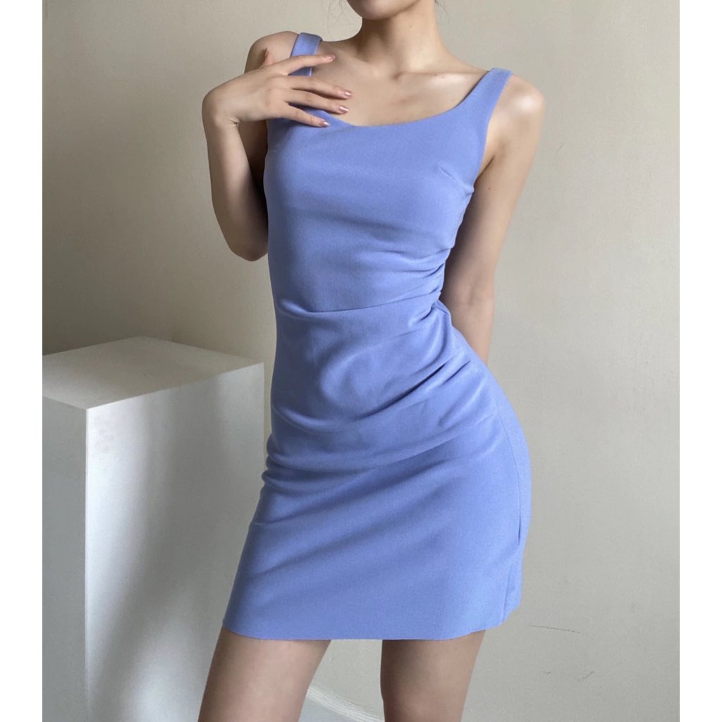 Đầm không tay xếp ly tôn dáng eo kiểu Kendall Jenner dành cho nữ, đầm ôm body cổ vuông mùa hè