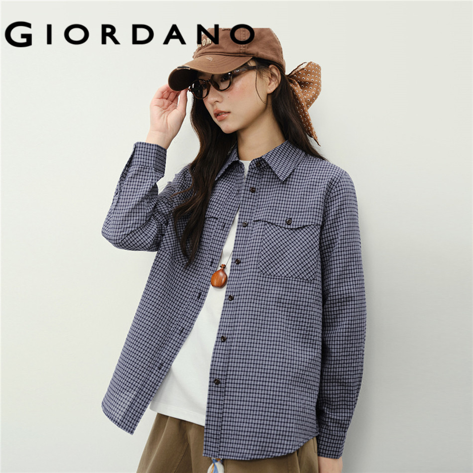 GIORDANO WOMEN Double pockets long sleeve checkered shirt 18346907