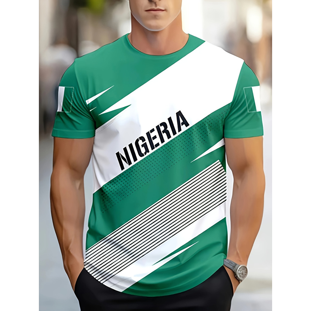 Áo thun nam có cờ NIGERIA - in NIGERIA đậm với thiết kế khóa màu, tay ngắn thoáng khí, cổ tròn, áo s