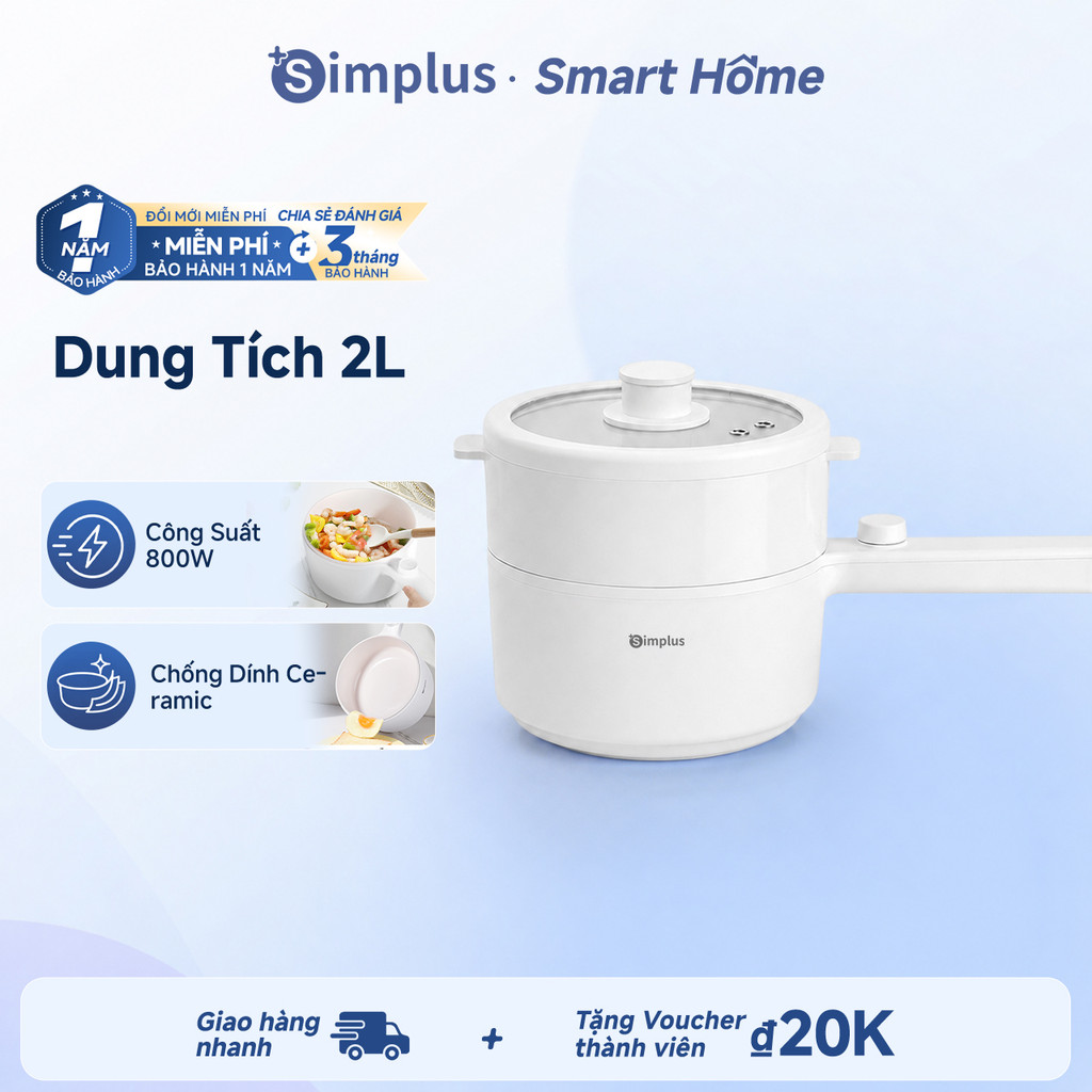 Nồi lẩu điện Simplus 1.8L có tay cầm dài, công suất 600W, nấu đa năng, nồi chống dính phủ men gốm ti