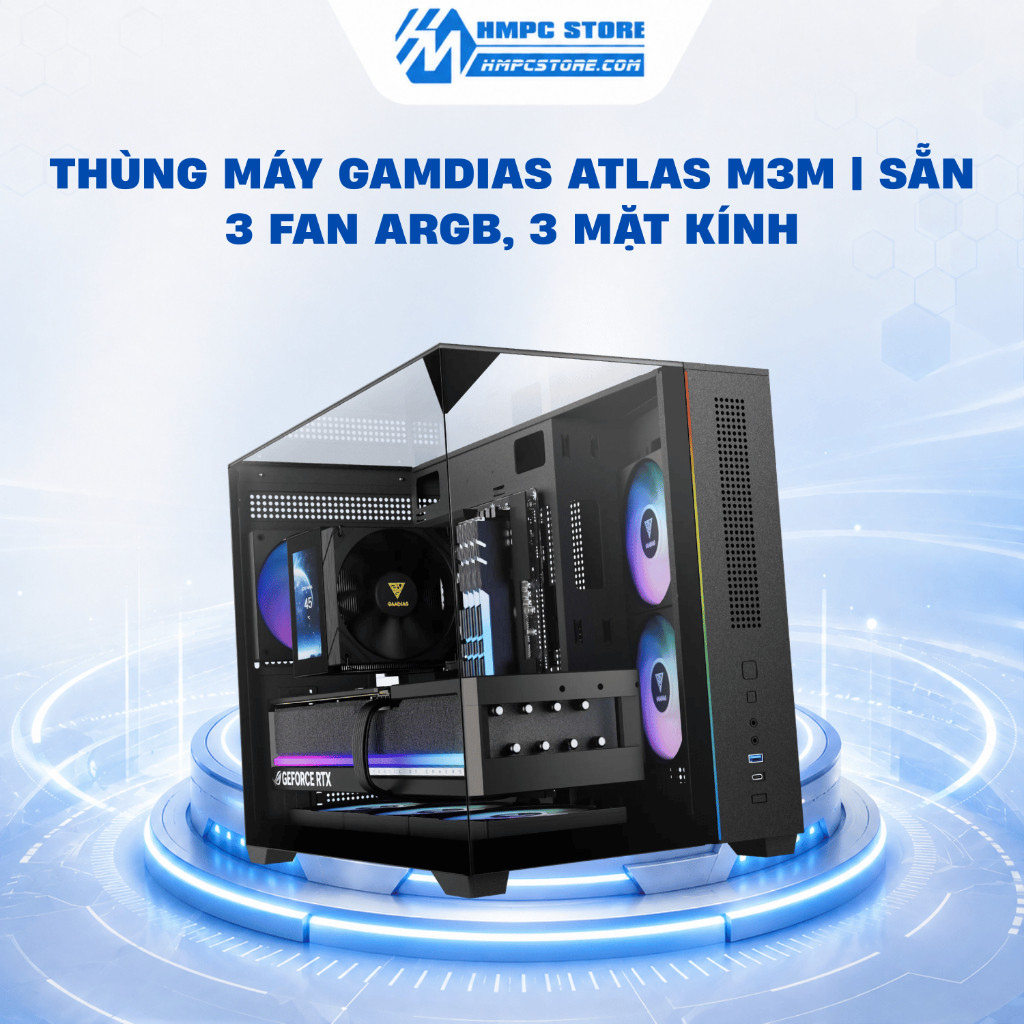 Case - Thùng máy Gamdias ATLAS M3M | Sẵn 3 Fan ARGB, 3 mặt kính, m-ATX, BH 1 năm