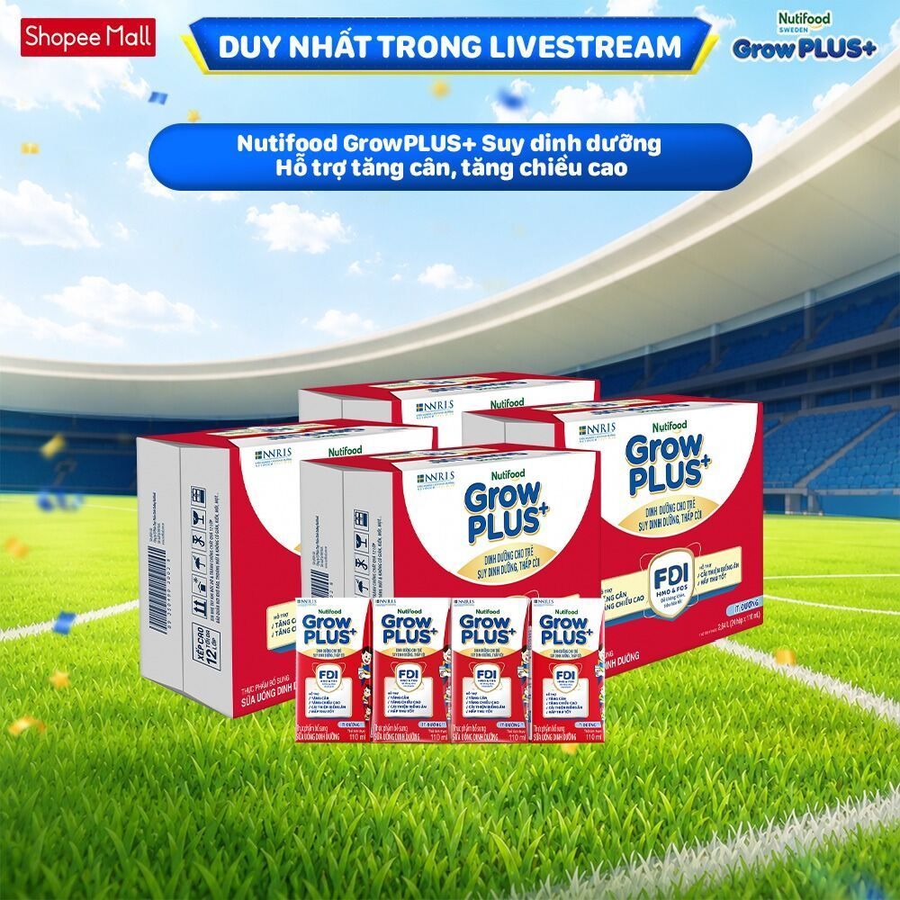 Combo 2 Thùng SBPS Nutifood GrowPLUS+ ít đường Suy Dinh Dưỡng - Tăng Cân, Tăng Chiều Cao (48 Hộp x 1