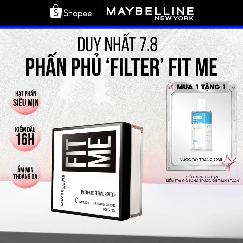 Phấn phủ bột "filter" cà da, kiềm dầu, chống nước, lâu trôi 16H Fit Me Mattifying Setting Powder Maybelline New York 10g