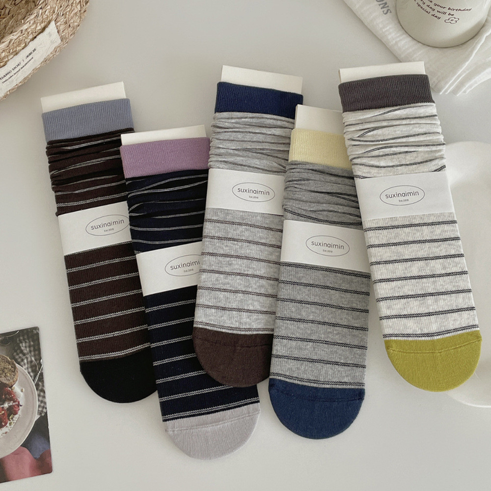 Mori Style Sọc All-Match Campus ins Style Retro Micro-Pressed Mid-Tube Tất Nữ