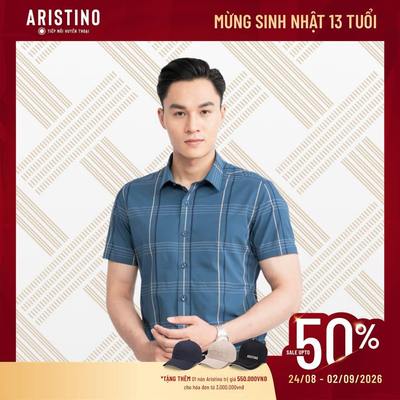 Sơ mi nam ngắn tay ARISTINO Slim Fit ôm nhẹ màu xanh tím than kẻ vàng lịch lãm, thời thượng ASS023S3