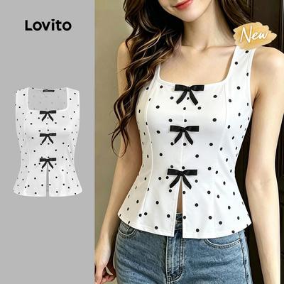 (New Arrival) Lovito Áo sơ mi trắng nữ mùa xuân hè họa tiết nơ phối màu TKB198P1D187