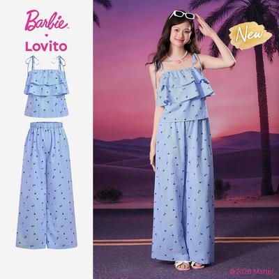 (New Arrival) Barbie™ X Lovito Áo Top Nữ Xanh Dương Xuân/Hè Không Tay Dây Mảnh Eo Trung Chân Rộng Nơ Nhún Xếp Vai Trống LBL5AD017
