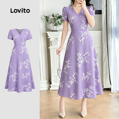 Lovito Đầm hoa tím dáng xếp li phong cách thường ngày cho nữ mùa xuân/hè LK5ED206