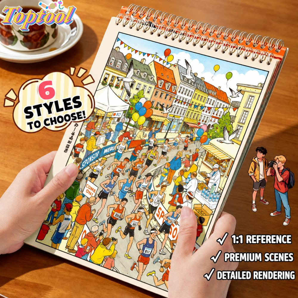 TOPTOOL Sticker Book, 6 Kịch Bản Chính 12 Tờ Mini Scene Sticker, Sáng Tạo PET Die-cut Giảm Căng Thẳn