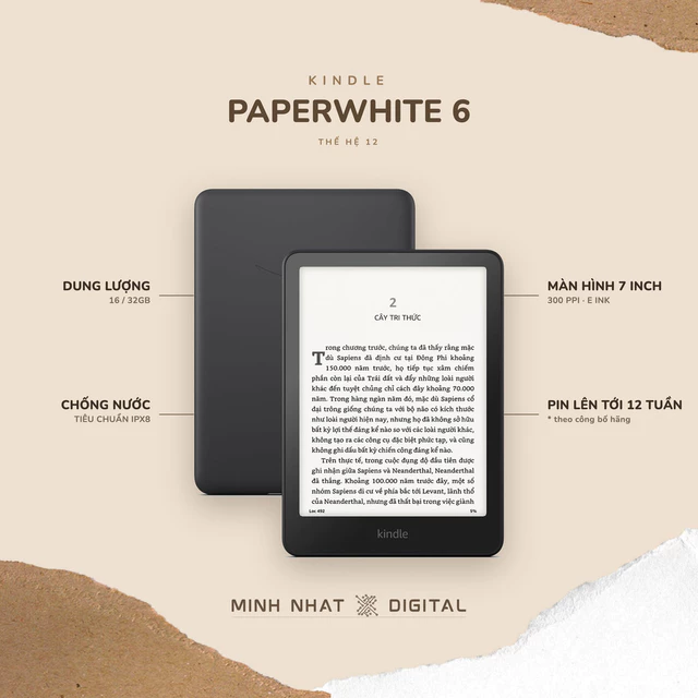 Máy đọc sách Kindle Paperwhite 6 (Tặng bao da) 7 inch chống nước đèn vàng - 12th Gen 2024