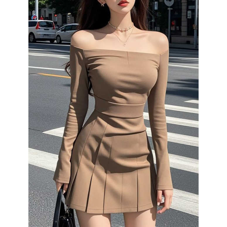 [SẴN SIZE M]  Đầm kiểu Pháp dành cho nữ, mẫu mới mùa thu, ôm eo, tôn dáng, thiết kế thanh lịch, đầm xếp ly trễ vai.
