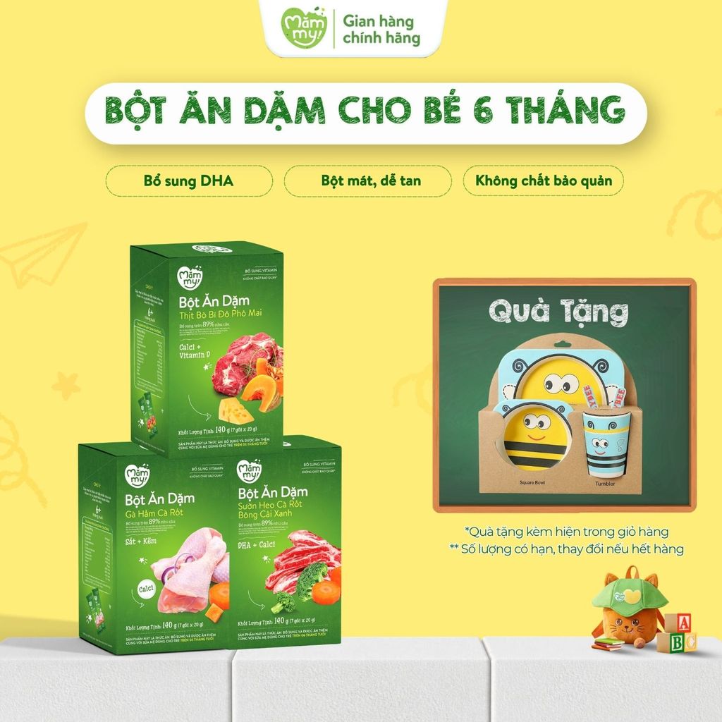 Bột ăn dặm cho bé Mămmy từ 6 tháng tuổi: Bắp non, Yến mạch, Trái cây mùa hè, thịt bò bí đỏ, gà hầm c